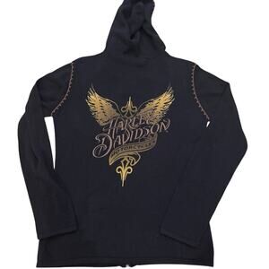 Harley Davidson Black Cotton Full Zip Hoodie Sweater Medium Brown Back Graphic